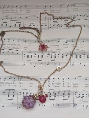 Gold-Tone Necklace Set with Pink Flower and Leaf Charms